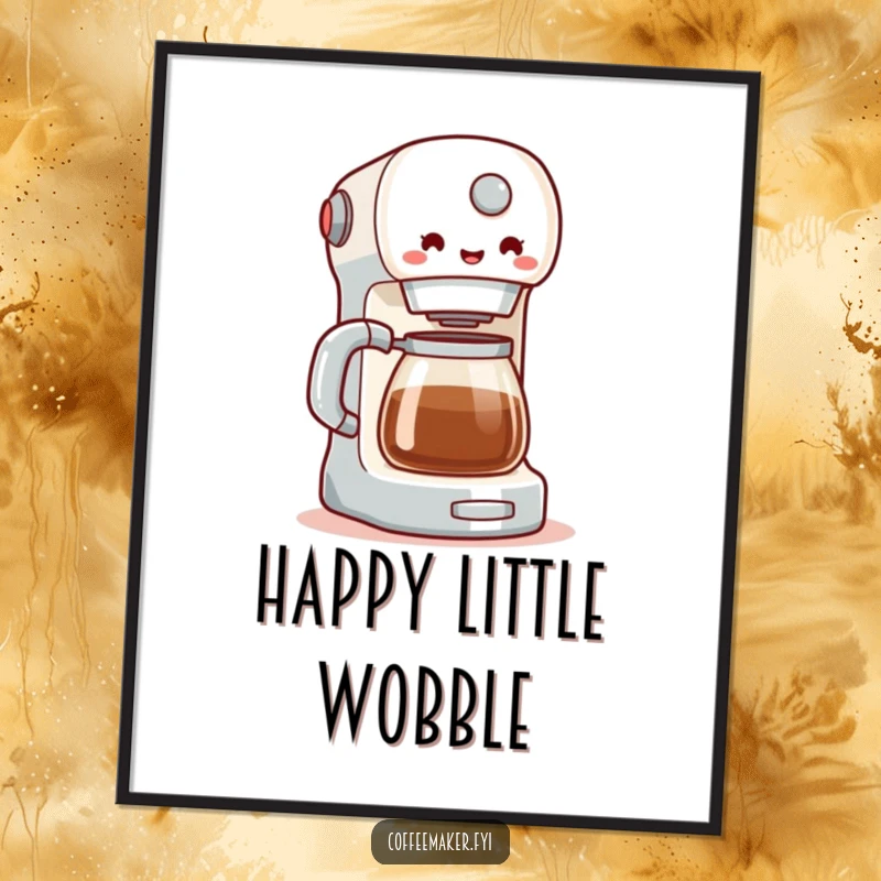 Funny poster featuring a coffee maker in a delightful wobble, capturing the essence of morning energy and happiness. A vibrant, humorous wall art piece.