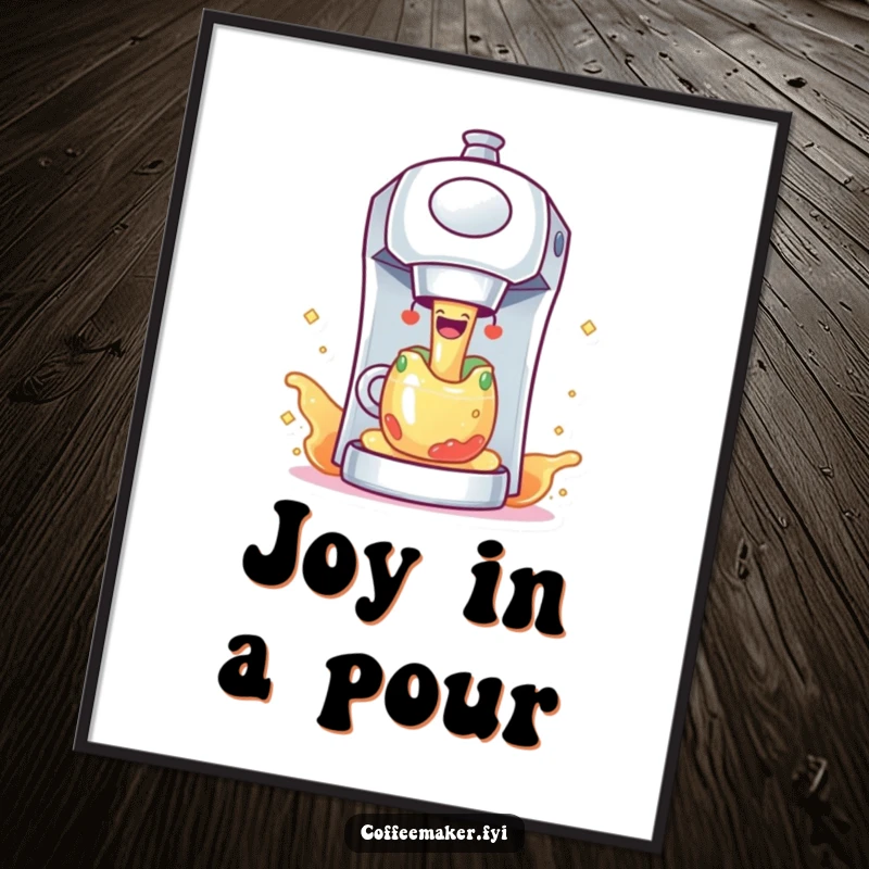 Funny coffee maker character joyfully dispensing colorful, sparkling liquid, a vibrant and humorous wall art poster.