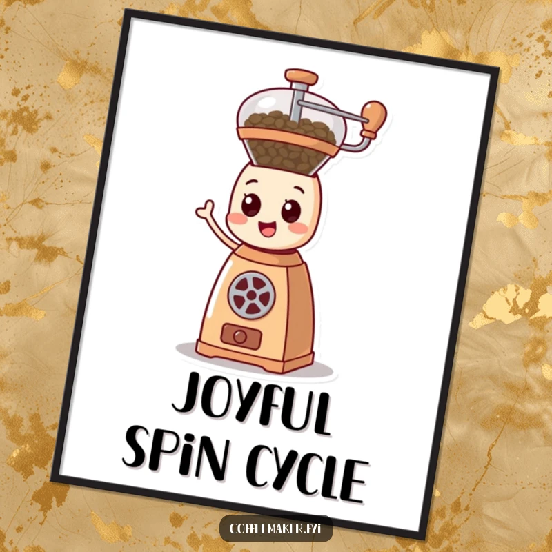 Funny cartoonish coffee grinder character happily spinning its mechanism with dynamic lines on a vibrant wall poster.