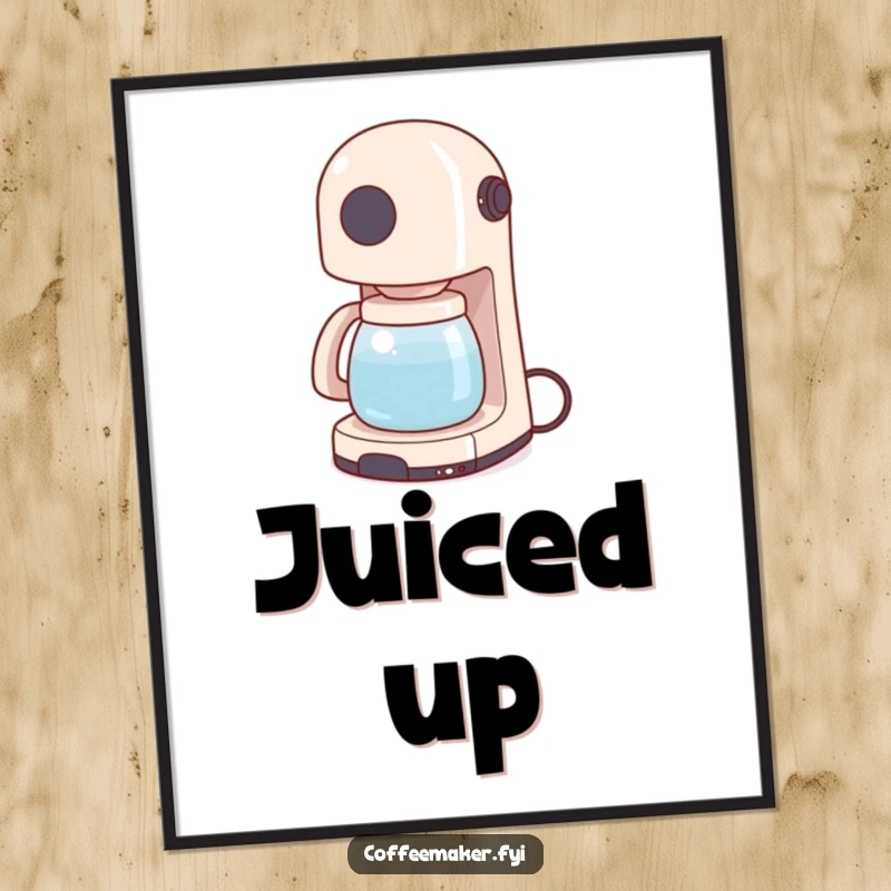 Funny poster art of a small coffee maker wiggling its power cord like a tail, adding a touch of animated humor to decor.