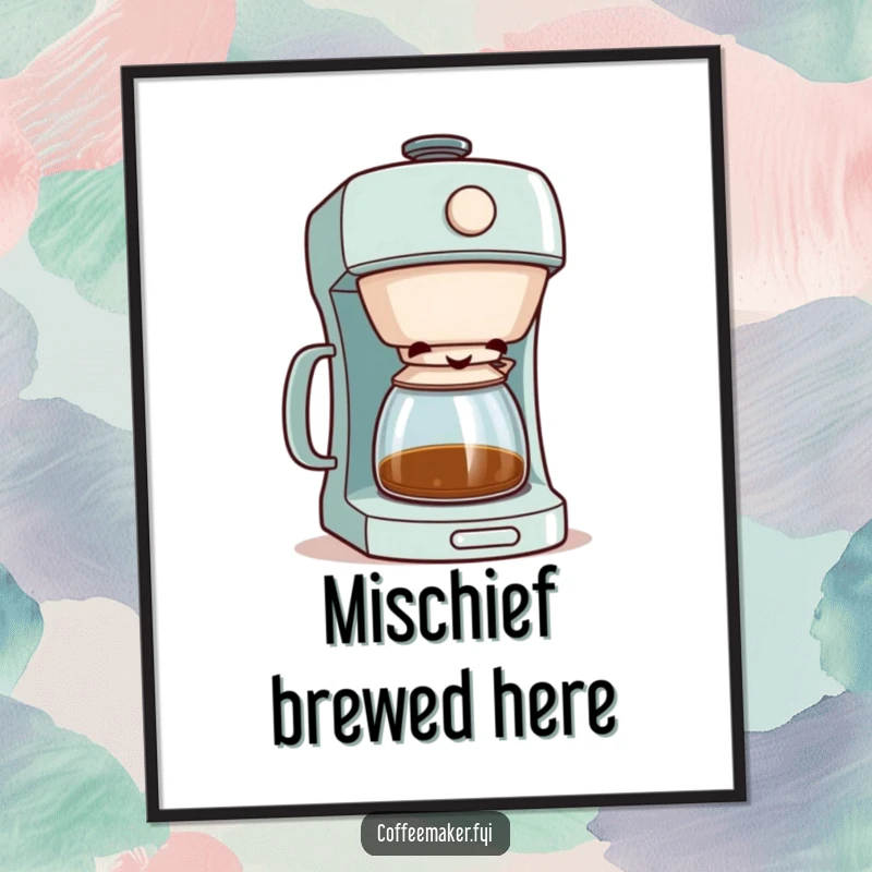 Funny coffee maker character peeking with a mischievous grin from its lid, a quirky and humorous wall art poster.