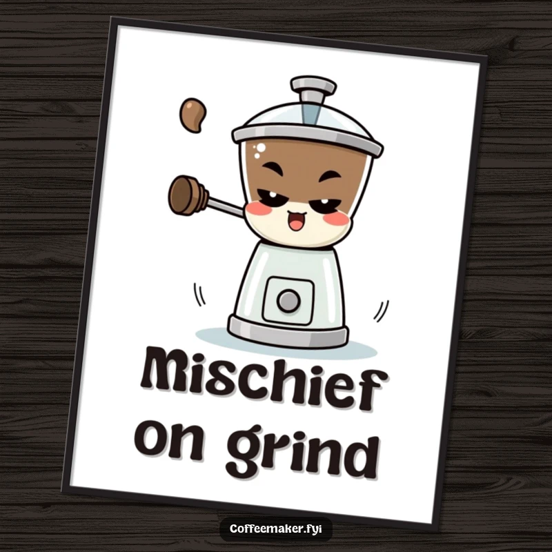 Funny Poster: A mischievous coffee grinder character spinning rapidly, creating a dynamic and engaging piece of art.