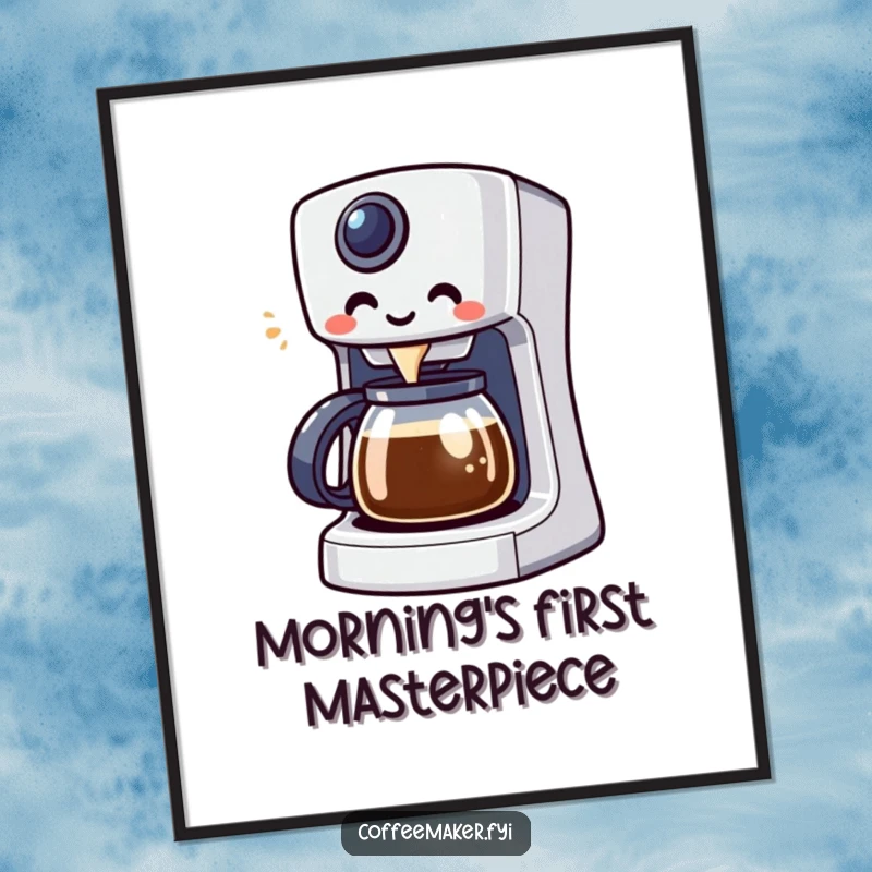 Funny Kawaii coffee maker character brewing a colorful beverage, displayed as a vibrant poster.
