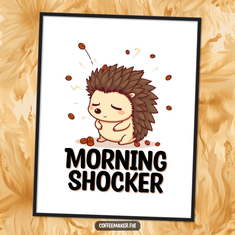 Funny hedgehog poster showing a sleepy hedgehog in a coffee bean hat startled by a steam explosion.