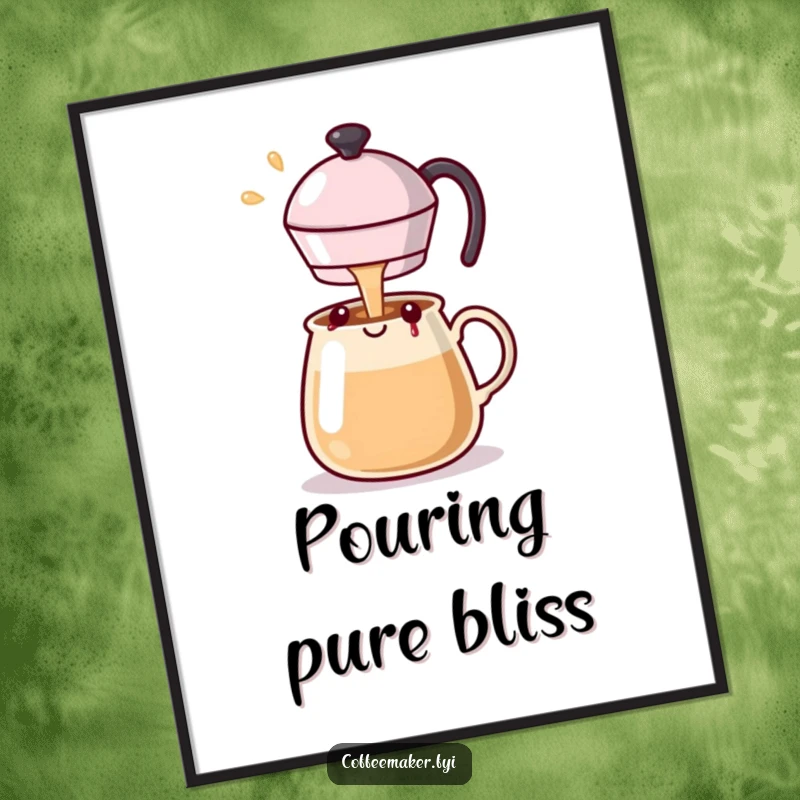 Funny Kawaii coffee pot poster artfully pouring a happy stream of golden happiness, perfect for cheerful decor.