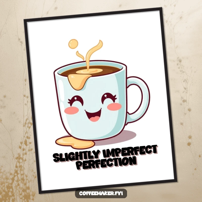 Funny poster featuring a cute coffee mug character with a happy face, playfully spilling coffee, adding humor to decor.