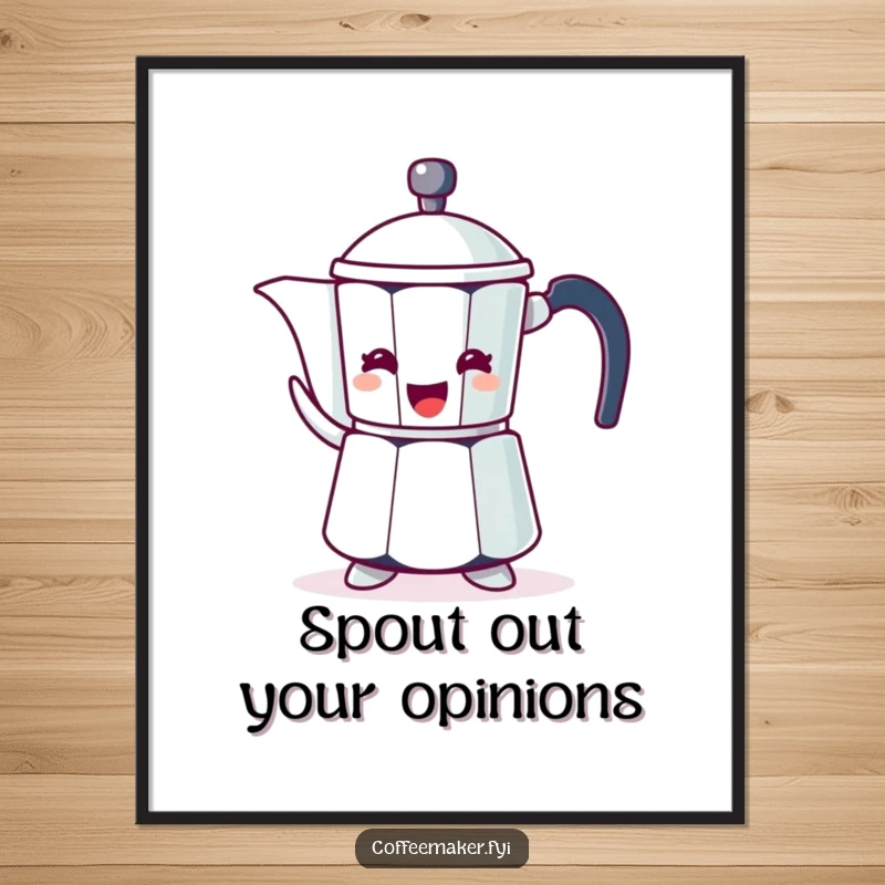 Funny poster featuring a coffee pot character, illustrated gesturing enthusiastically with its spout.