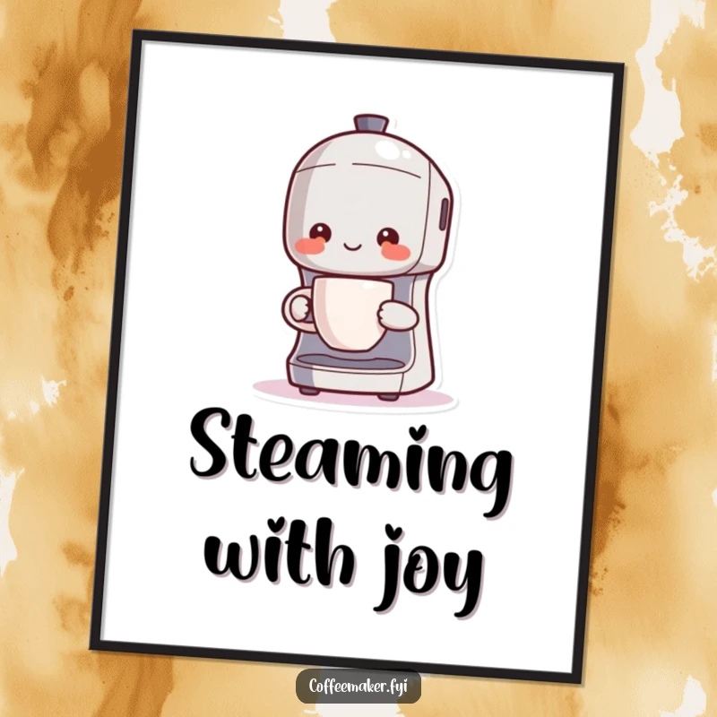 Funny Kawaii coffee maker character art, proudly holding a steaming cup, cheerful wall decor for coffee lovers.