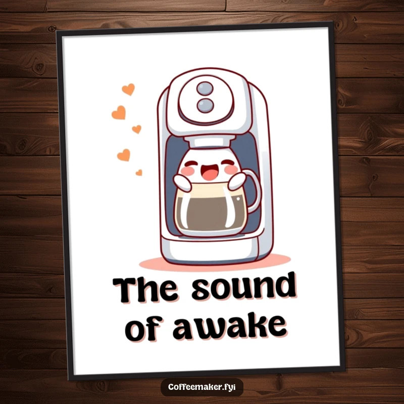 Funny poster of a singing coffee maker machine, joyfully gurgling a delightful melody, adding a whimsical and humorous touch to decor.