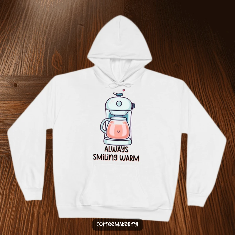 Funny Kawaii Coffee Maker Hoodie featuring steam artfully shaped into a smiley face, perfect for cozy, happy wear.