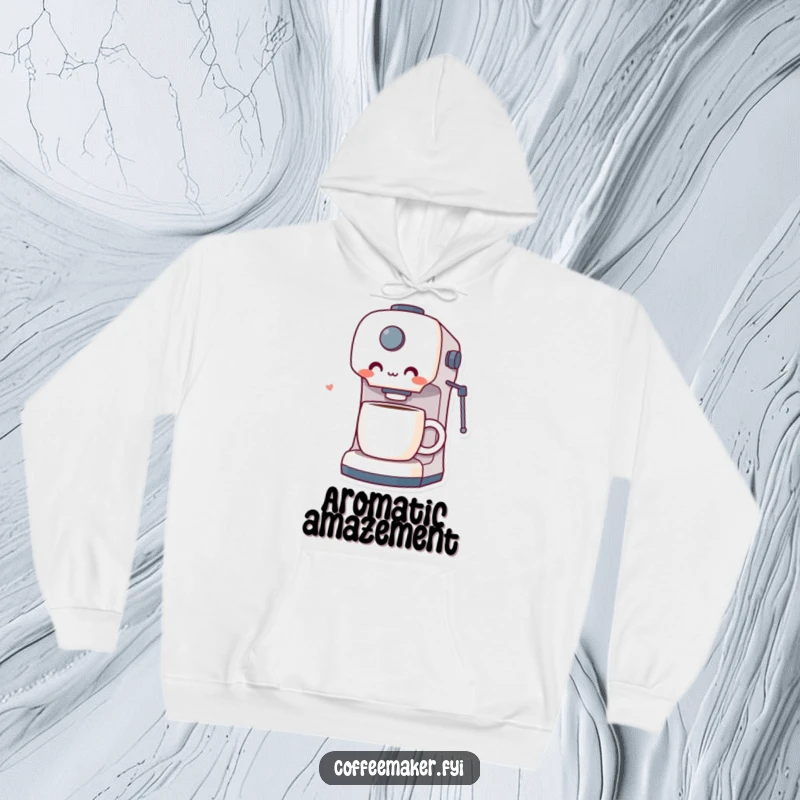 Funny hoodie depicting a coffee maker character in a state of surprised delight upon witnessing a perfectly brewed cup of coffee.