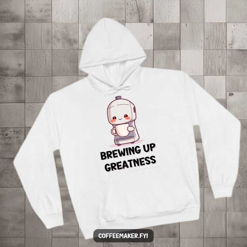 Funny Kawaii coffee maker character in a cozy hoodie, proudly holding a steaming mug, perfect for cold mornings.