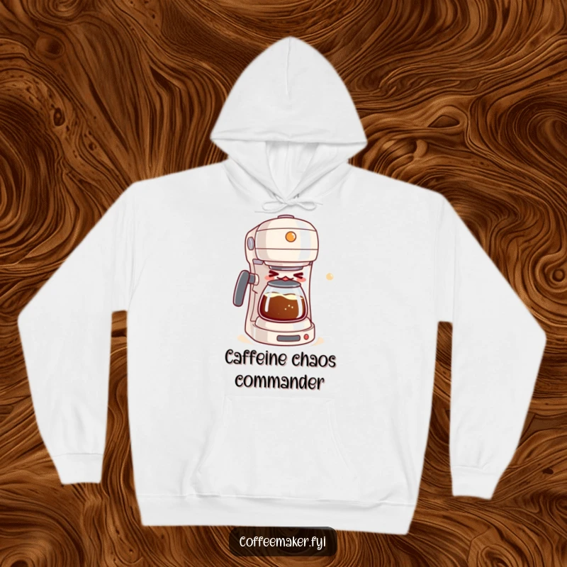 Funny kawaii coffee maker hoodie, winking and brewing a bubbly mixture, offering cozy humorous vibes for any coffee lover.
