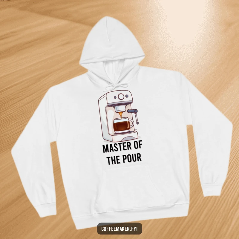 Funny hoodie with a coffee maker machine proudly dispensing a stream of perfectly brewed coffee, representing warmth and quality.