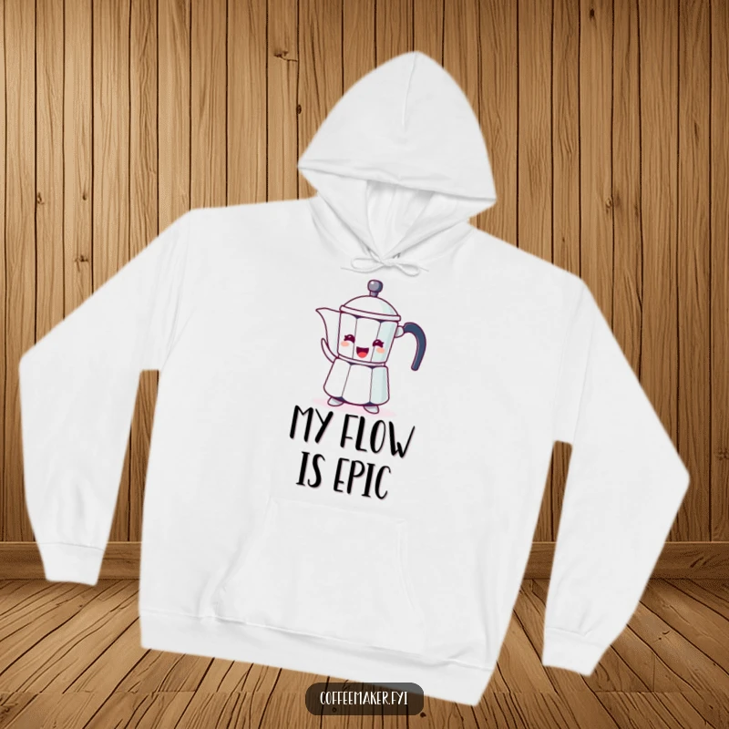 Funny, cozy hoodie featuring a coffee pot character, enthusiastically gesturing with its spout.