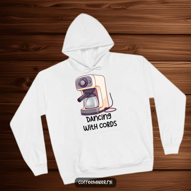 A coffee maker machine doing a silly dance with its cords, printed on a soft and warm hoodie.