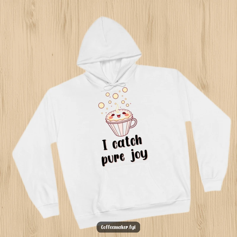 Funny Kawaii Coffee Filter Hoodie with a happy character catching bubbly delight, offering warmth and humor as a delightful gift.