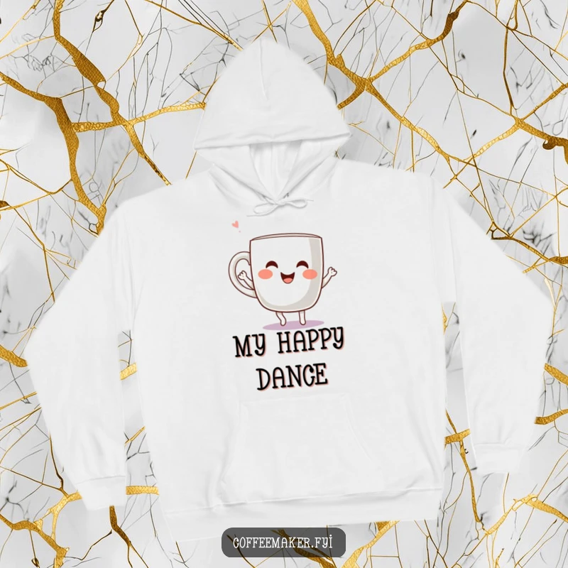 Funny Kawaii Coffee Mug Hoodie featuring a cheerful mug character dancing joyfully, perfect for cozy, spirited wear.