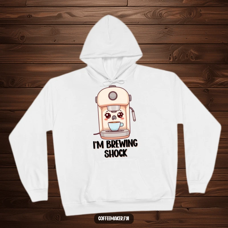 Funny Kawaii Espresso Machine Hoodie featuring wide, surprised eyes, offering warmth and humor as a delightful gift.