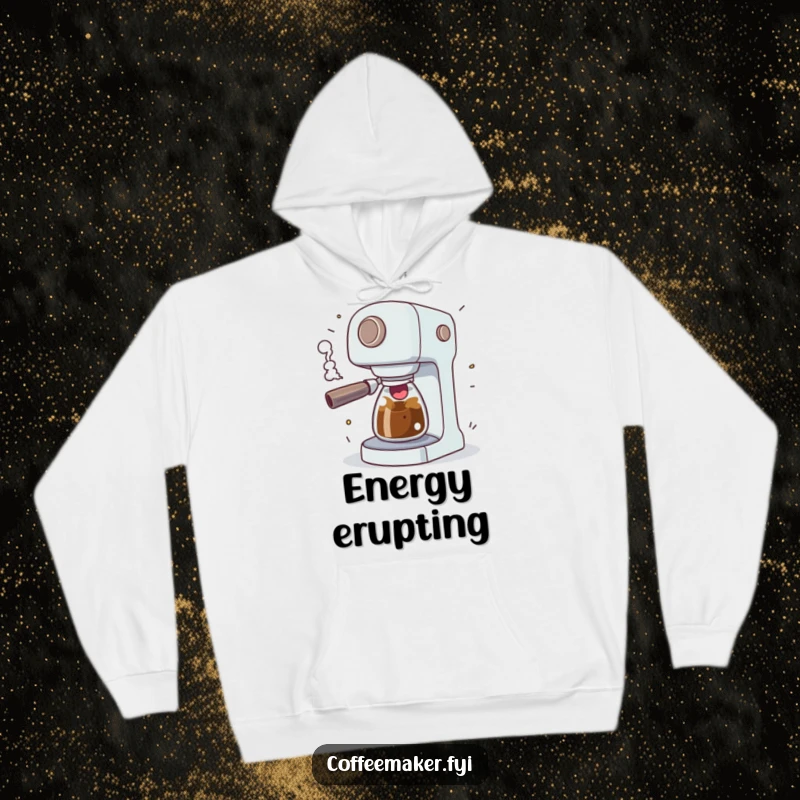 Funny coffee maker character sputtering with excitement, steam erupting playfully, featured on a cozy and humorous hoodie.
