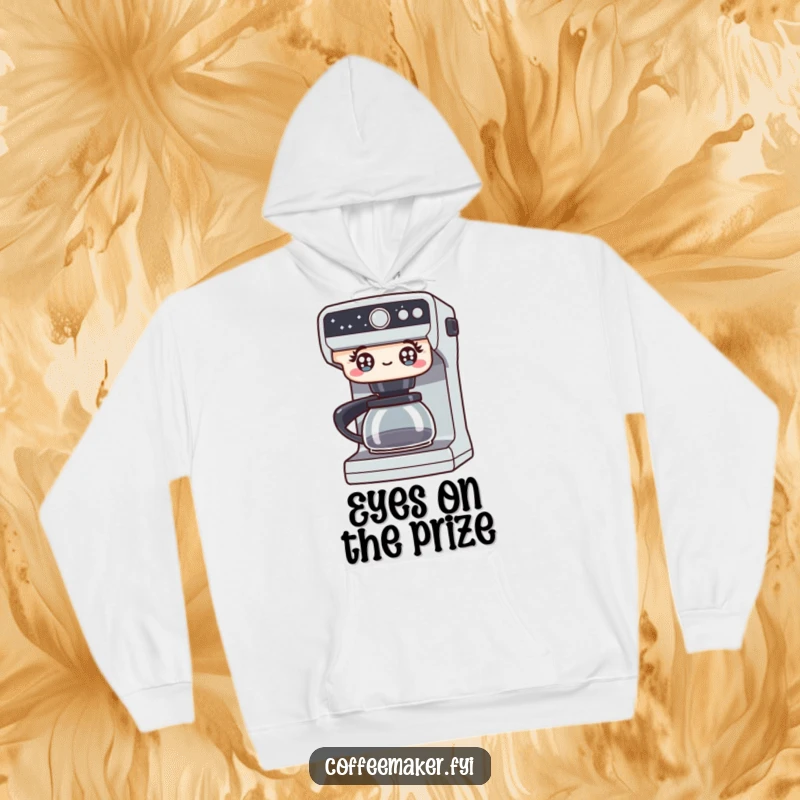 Funny hoodie showcasing a coffee maker with intensely bright, excited eyes, radiating pure energy and anticipation for coffee. A cozy and humorous piece.
