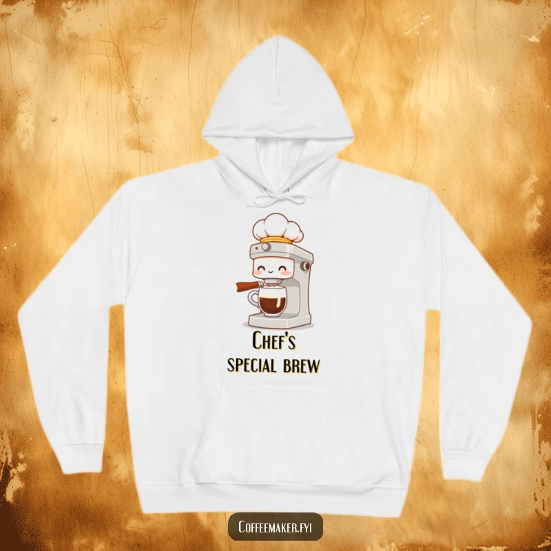 Funny hoodie featuring a coffee maker character in a chef hat, elegantly presenting a sophisticated cup of coffee, embodying gourmet style.