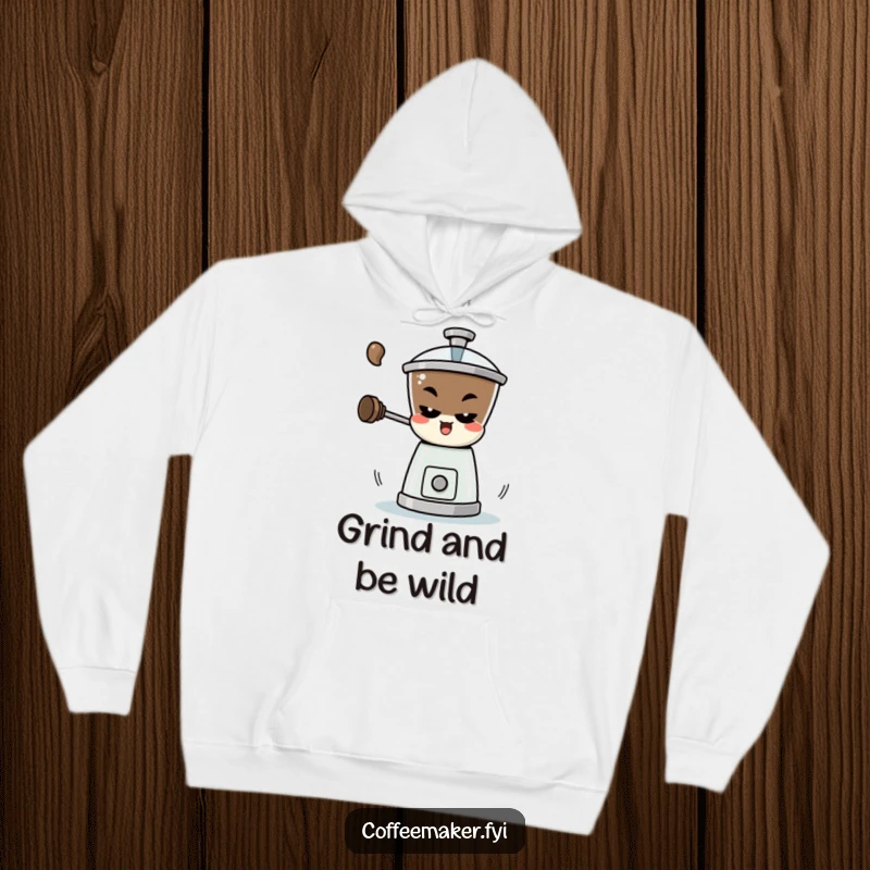Funny Hoodie: A mischievous coffee grinder character spinning rapidly, offering warmth and a playful coffee experience.