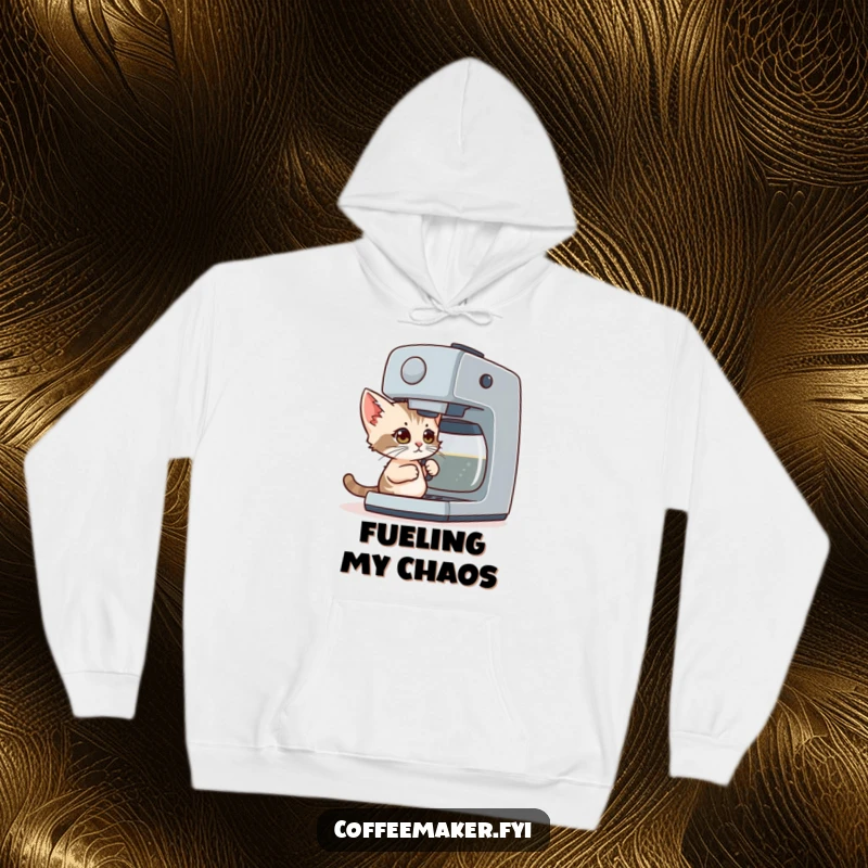 Funny Hoodie: A determined tiny kitten with wide eyes bravely attempts to brew coffee using a giant machine.