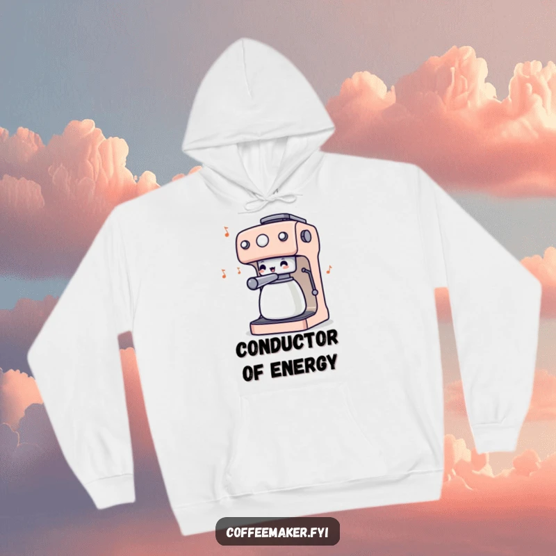 Funny hoodie featuring a coffee maker character wiggling its knobs like a passionate conductor, ready to bring the house down with caffeine and music.