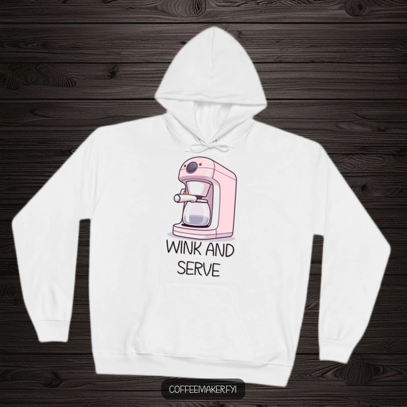 Funny hoodie featuring a winking coffee maker character, offering warmth and a playful ambiance.