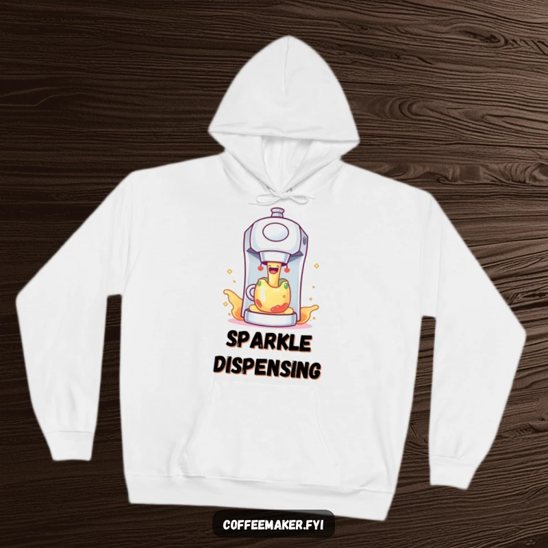 Funny coffee maker character joyfully dispensing colorful, sparkling liquid, featured on a cozy and humorous hoodie.