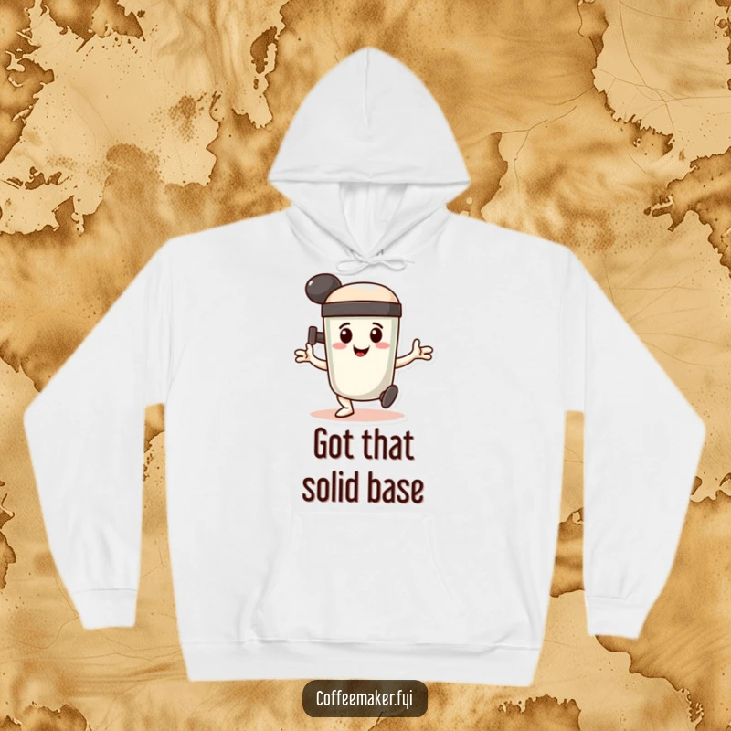 Funny Hoodie: A smiling coffee tamper character doing a determined, stamping dance, offering warmth and focused energy.