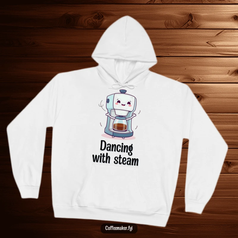 Funny hoodie showcasing a coffee maker character in mid-dance with stylized steam trails, embodying pure joy and caffeinated excitement.