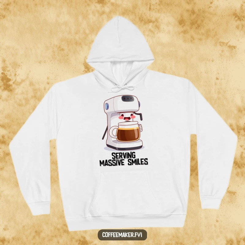 Funny hoodie depicting a grinning coffee maker serving an enormous mug, radiating warmth, joy, and a love for generous portions. Cozy and humorous.