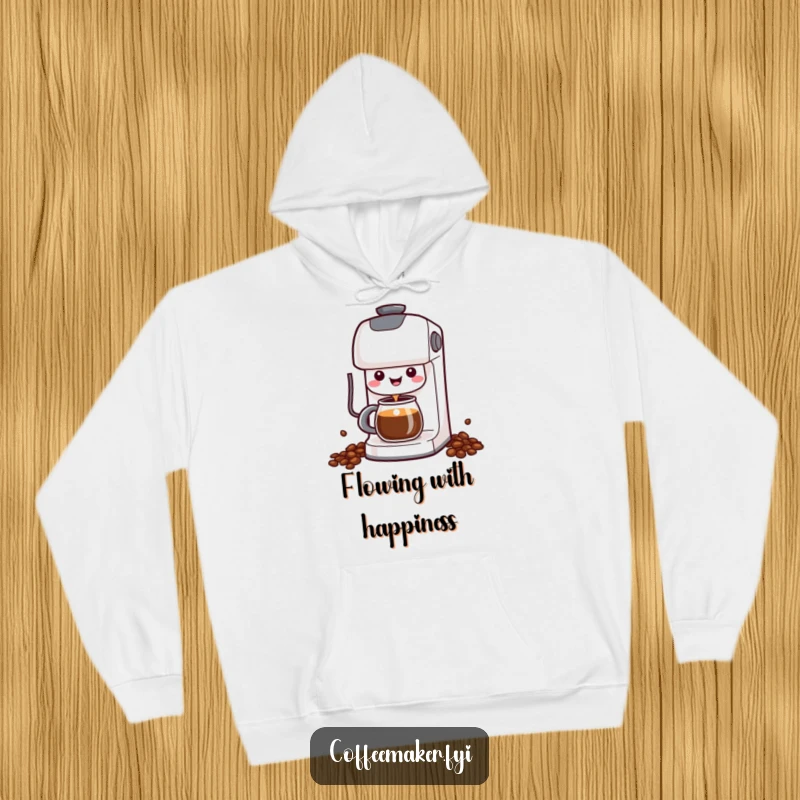 Funny Kawaii Coffee Maker Hoodie featuring a cheerful character happily dispensing coffee, offering cozy and humorous warmth.