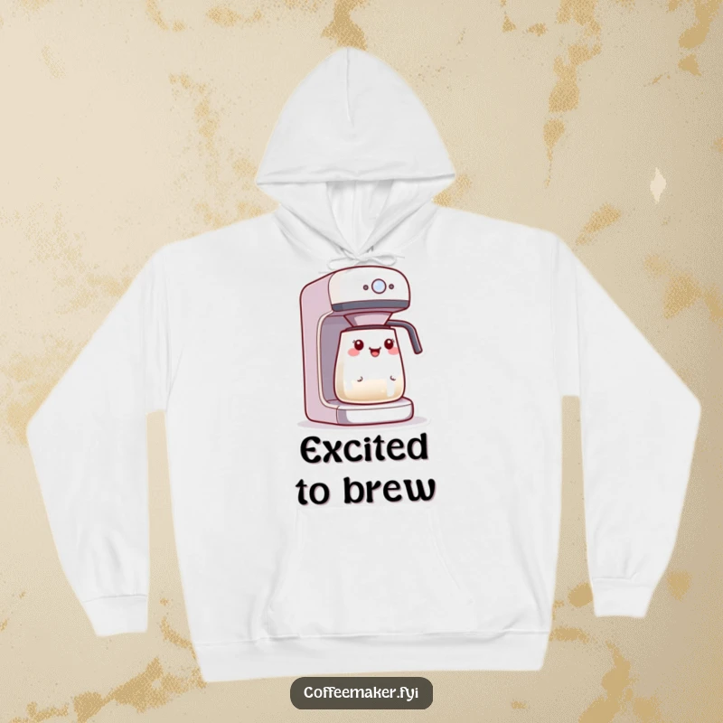Funny Kawaii coffee maker hoodie, character gazing excitedly at a blinking brewing light, cozy and warm.