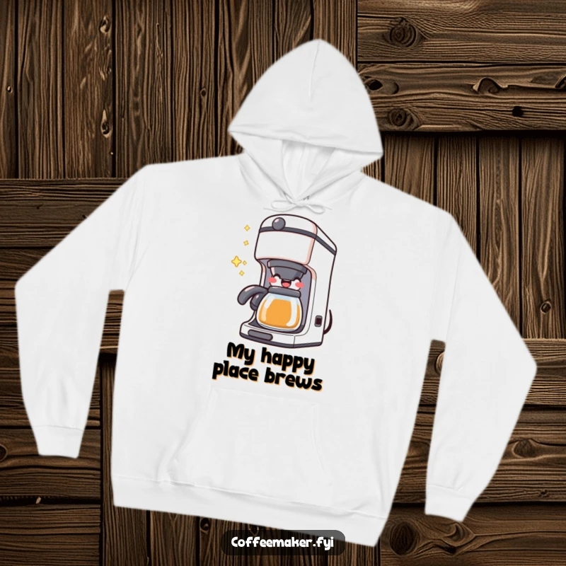 Funny Kawaii Coffee Maker Hoodie featuring a character happily bubbling with joy, offering cozy and humorous warmth.