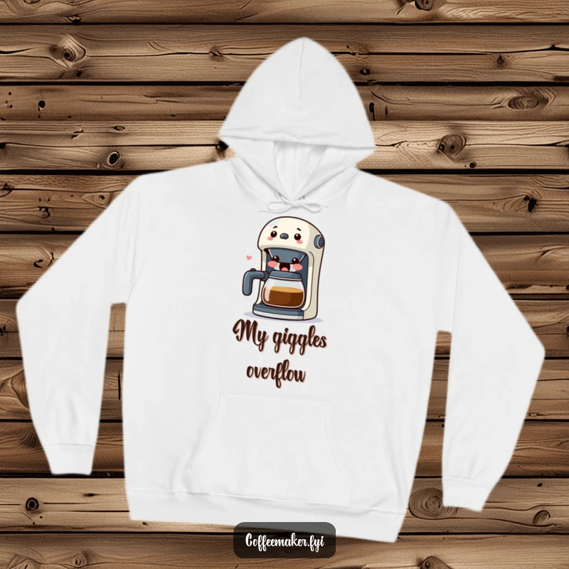 Funny Kawaii Coffee Maker Hoodie featuring a surprised character with its spout wide open in laughter, offering cozy and humorous delight.