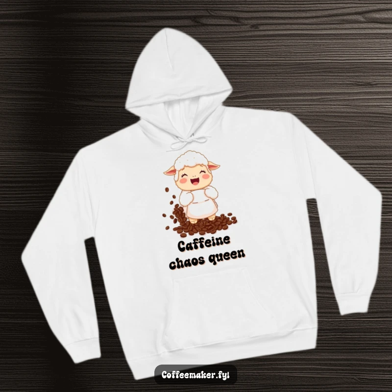 Funny Hoodie: A fluffy sheep in a tiny apron giggles hysterically while spilling a large pile of coffee beans.