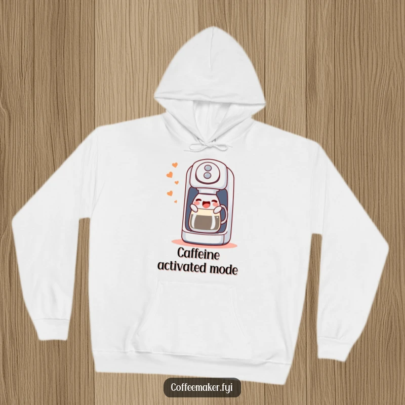 Funny hoodie featuring a singing coffee maker machine, joyfully gurgling with a happy expression, ideal for cozy, humorous wear.
