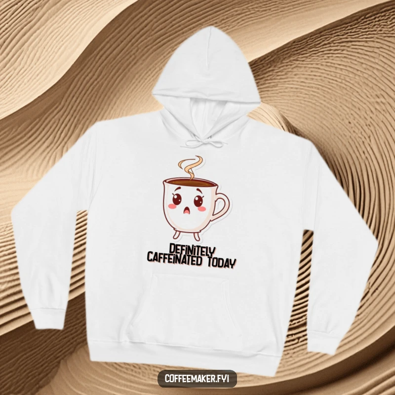 Funny surprised coffee cup hoodie, a character showing extreme shock with steam, ideal for cozy humor.
