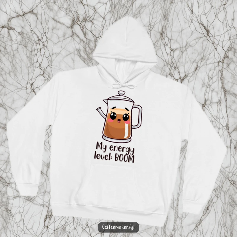 Funny hooded sweatshirt featuring a surprised coffee pot character, offering warmth and humor for coffee enthusiasts.
