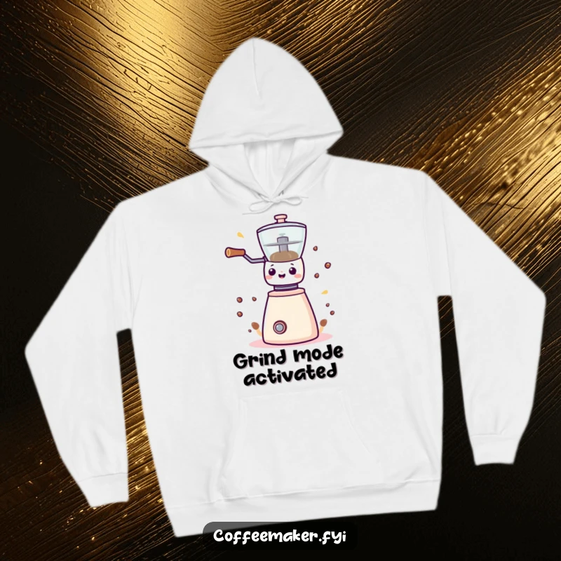 Funny Kawaii coffee grinder hoodie, cozy and energetic, a delightful gift for any coffee aficionado.