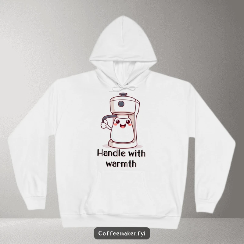 Funny Kawaii coffee maker character in a hoodie, handle extended for a welcoming hug, cozy and inviting.