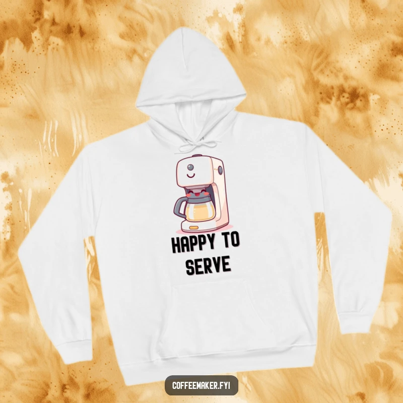 Funny hoodie with a coffee maker machine boiling happily and sporting a big, cheerful grin, symbolizing cozy morning comfort.