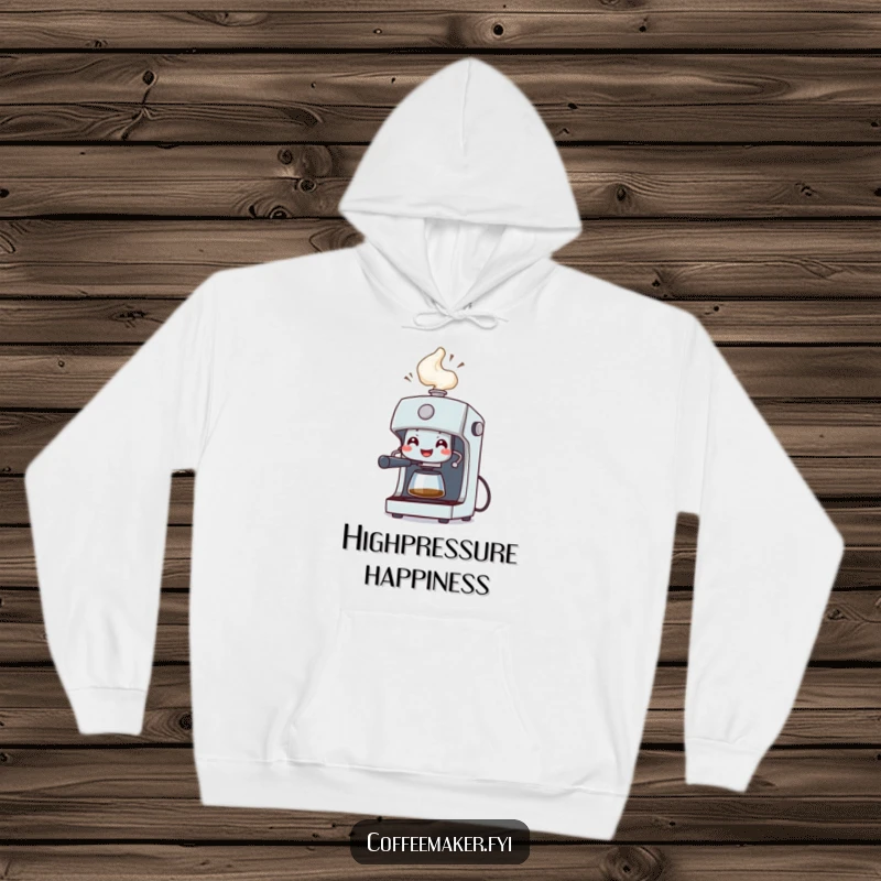 Funny Hoodie: A grinning coffee machine character spraying a celebratory geyser of steam, offering warmth and energy.