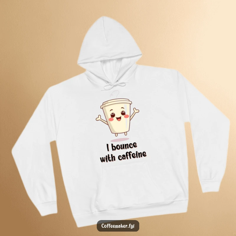 Funny Kawaii Coffee Cup Hoodie with a giggling character jumping joyfully, offering warmth and humor as a delightful gift.
