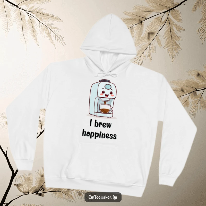 A smiling, friendly coffee maker machine dispensing coffee, illustrated on a soft and warm hoodie for ultimate comfort.