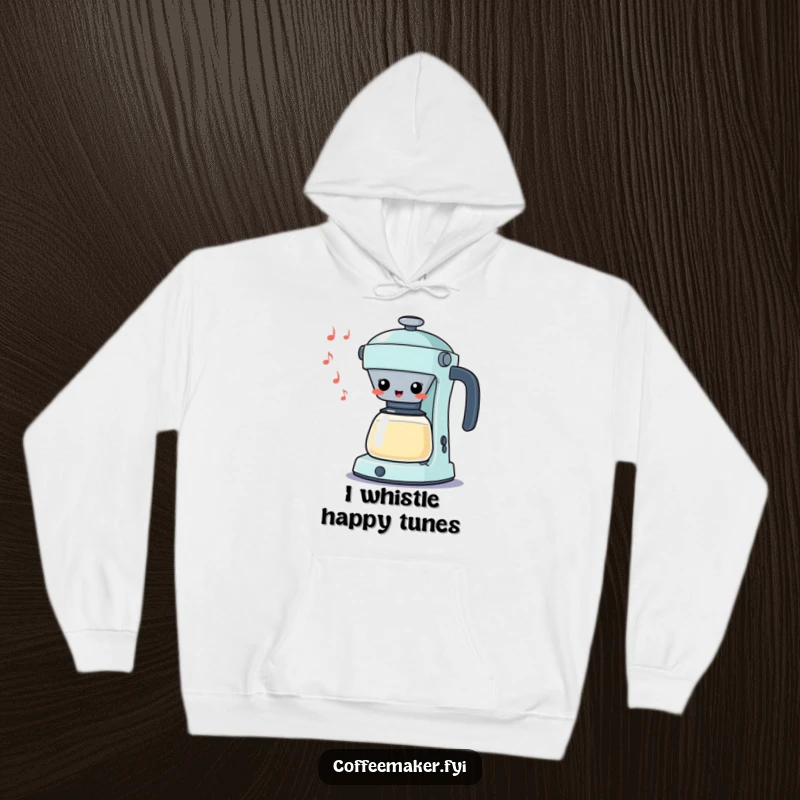 Funny Kawaii Percolator Hoodie with a cheerful character whistling a silly tune, offering warmth and humor as a delightful gift.