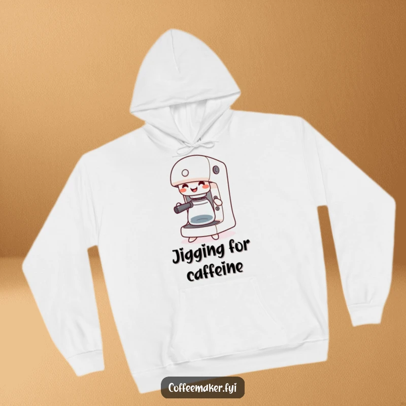 Funny kawaii coffee maker hoodie, happily jigging with buttons pressed, offering cozy and cheerful vibes for coffee enthusiasts.